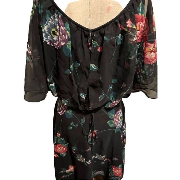 Vintage Blouson Style Black Semi Sheer Layered Floral Dress Rhinestone Size M - Picture 8 of 16